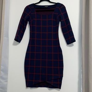 Express Plaid Checkered 3/4 Sleeves BodyCon Midi Dress